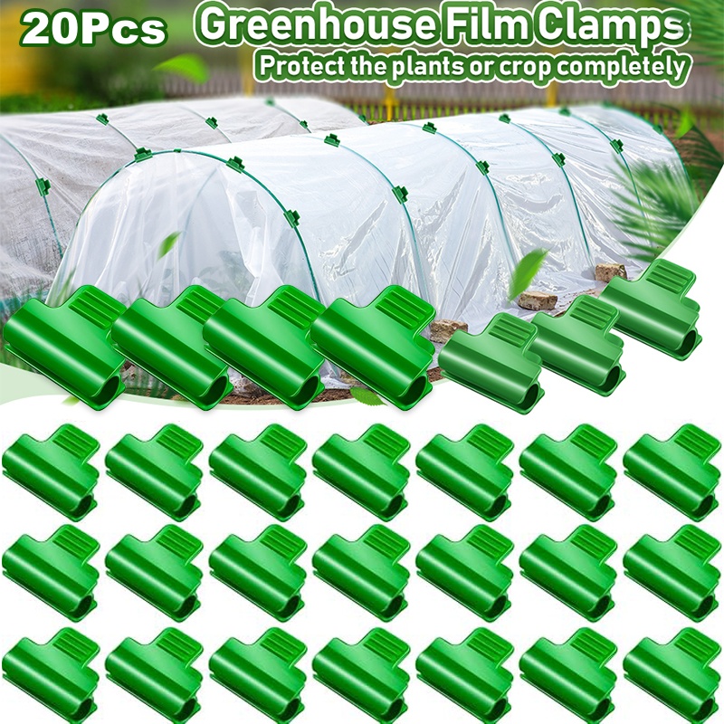 Greenhouse Plastic Film - 20個入りグリーンラミネートクリップ、小型温室アーチの建設中にプラスチックフィルムを固定するための専用ツール
